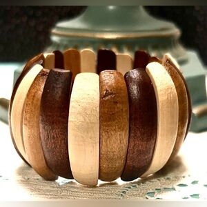 Vintage Intricate Light and Dark Wooden Stretch Cuff Bracelet